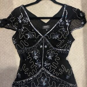 Black Beaded Top with Silver Embellishments